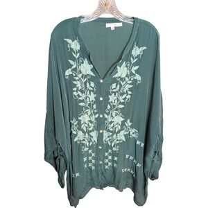 Karyn Seo Embroidered Blouse Women 1X Teal Viscose Boho Button Down